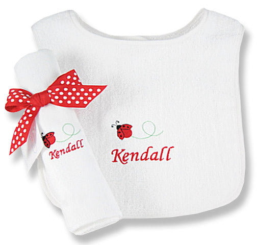 Personalized Lucky Ladybug Bib & Burp Cloth Set